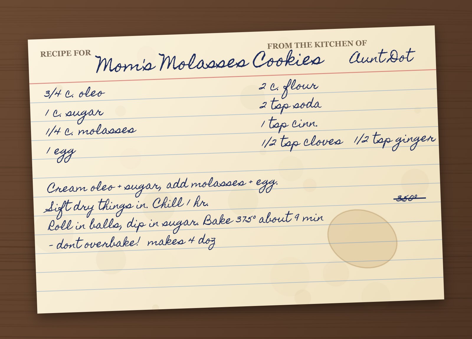 A handwritten recipe card for Mom's Molasses Cookies, from the kitchen of Aunt Dot